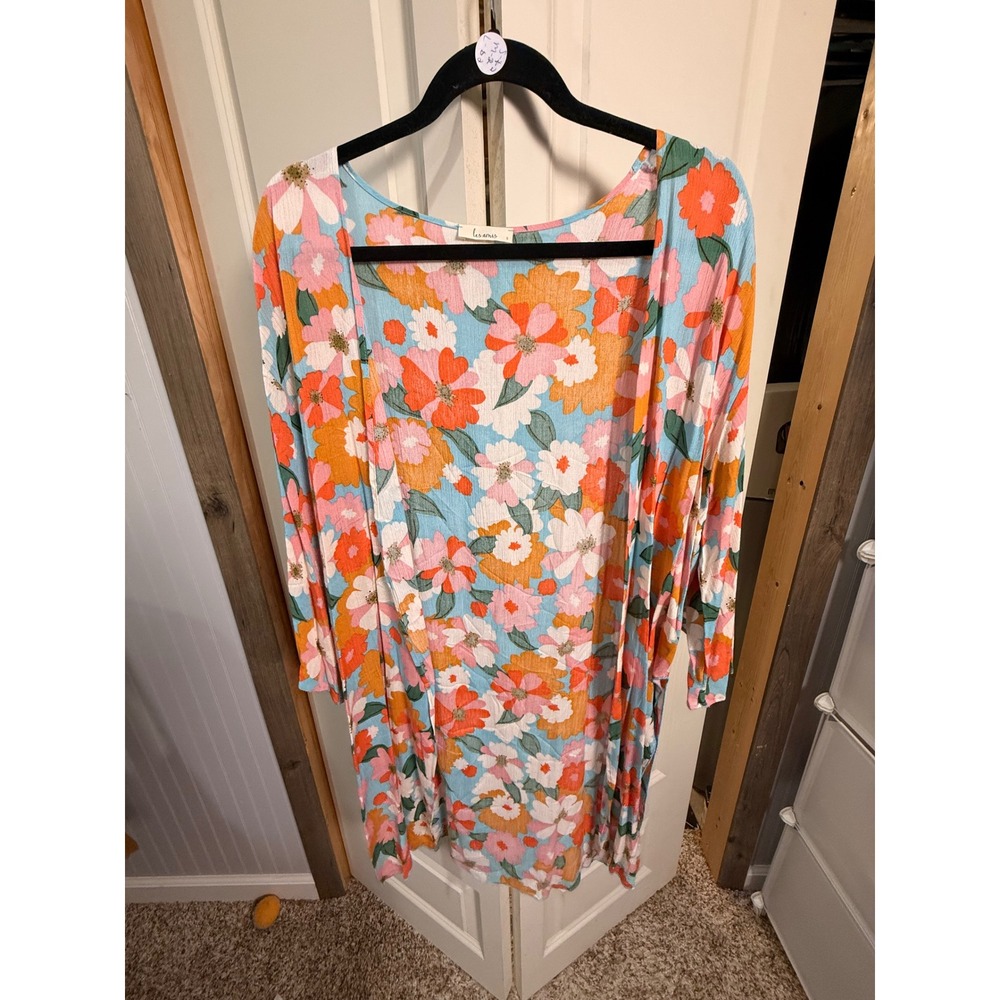 Les Amis Floral Kimono Cardigan Open Front Boho Multi Color Blue Orange Large